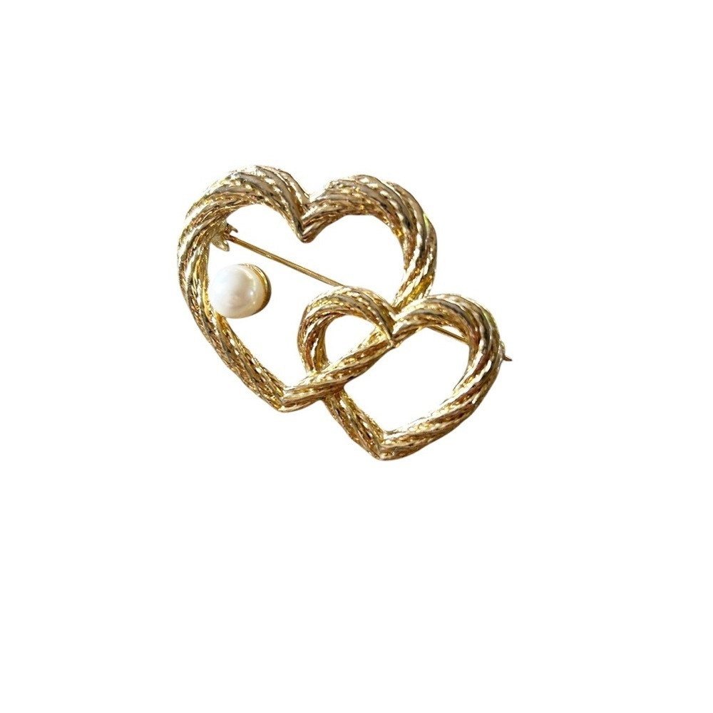 Vintage 90’s Double Heart & Pearl AA1 Gold Tone Brooch Bundle & Save